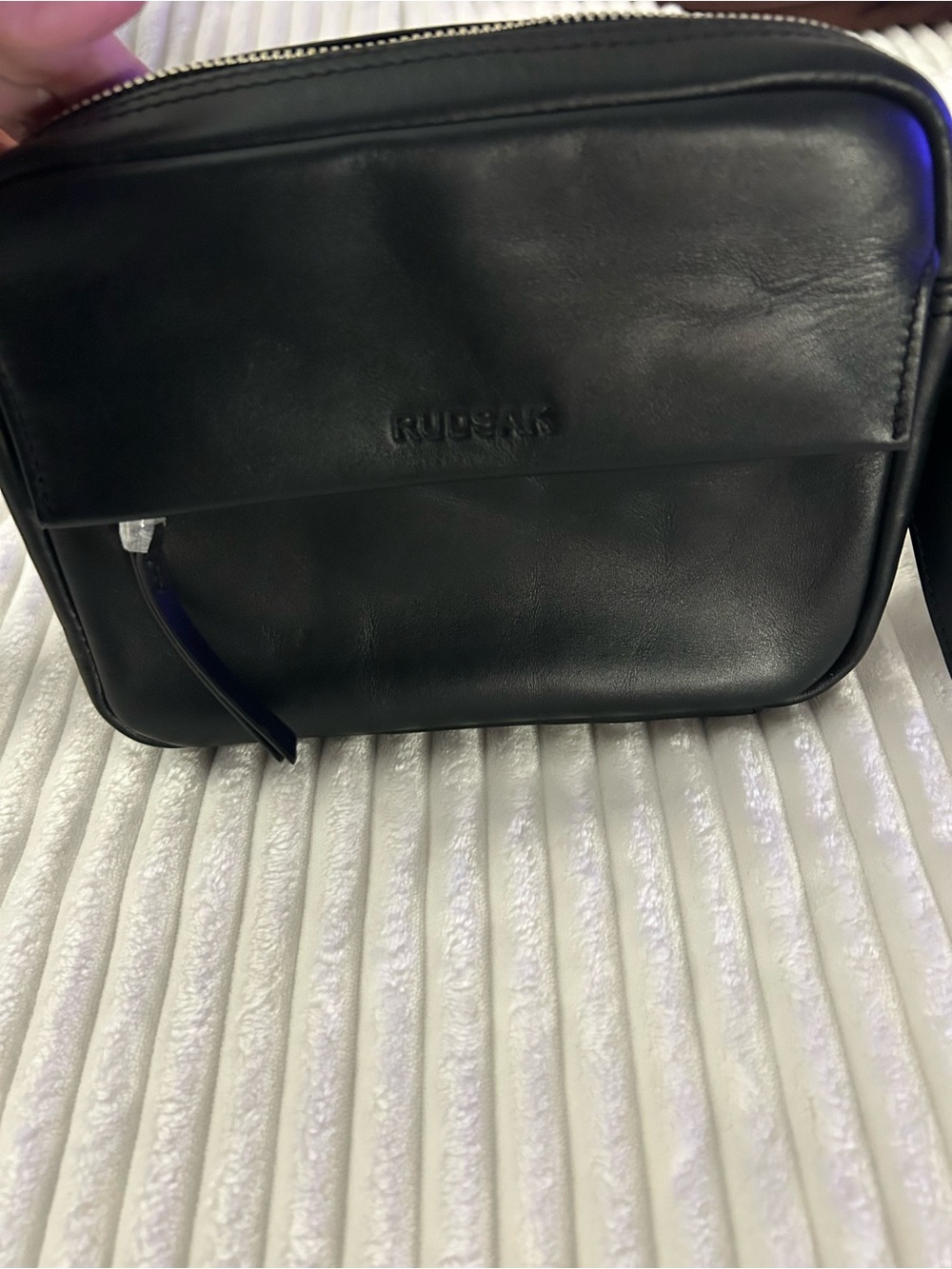 RUDSAK Black Leather Belt Bag with Embossed Logo